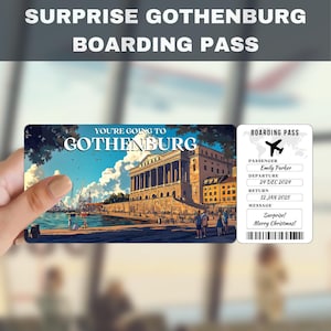 Bilhete-presente surpresa para viagem a Gotemburgo, Suécia | Você vai para Gotemburgo, voo, cartão de embarque, editável, download instantâneo, impressão de viagem