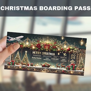 Bearbeitbarer Weihnachtsbordpass, Urlaubsflug-Reisegutschein, benutzerdefinierte druckbare Flugticketvorlage für Überraschungsweihnachtsgeschenk