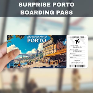Bilhete-presente surpresa para viagem Porto Portugal | Você vai para Porto Portugal, voo, cartão de embarque, editável, download instantâneo, impressão de viagem