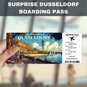 Billete de regalo sorpresa para viaje a Dusseldorf, Alemania / Vas a Dusseldorf, vuelo, tarjeta de embarque, editable, descarga instantánea, impresión de viaje