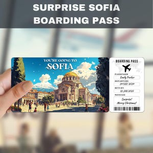 Può includere: Una carta d'imbarco stampabile con un'immagine della Cattedrale di San Alessandro Nevski a Sofia, Bulgaria. Il testo sulla carta d'imbarco dice "Stai andando a Sofia" e "Sorpresa! Buon Natale!"