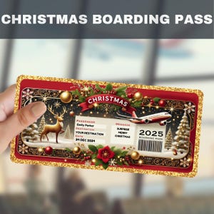 Bearbeitbarer Weihnachtsbordpass, Urlaubsflug-Reisegutschein, benutzerdefinierte druckbare Flugticketvorlage für Überraschungsweihnachtsgeschenk