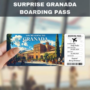 Billet cadeau surprise voyage en Espagne à Grenade | Vous allez à Grenade, Espagne, vol, carte d'embarquement, modifiable, téléchargement immédiat, impression de voyage