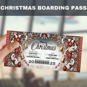 Bearbeitbarer Weihnachtsbordpass, Urlaubsflug-Reisegutschein, benutzerdefinierte druckbare Flugticketvorlage für Überraschungsweihnachtsgeschenk