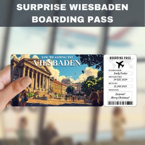 Billete de regalo sorpresa para el viaje a Wiesbaden, Alemania / Te vas a Wiesbaden, vuelo, tarjeta de embarque, editable, descarga instantánea, impresión de viaje