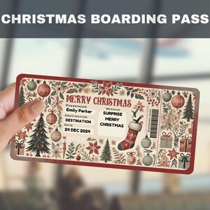 Weihnachtsüberraschungsreise Bordkarte, bearbeitbare Flugticketvorlage, druckbare Urlaubsflug-Reisegutschein, perfekte Geschenkidee