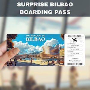 Verrassingscadeaubon voor reis naar Bilbao, Spanje | Je gaat naar Bilbao, Spanje, vlucht, instapkaart, bewerkbaar, direct downloaden, reisprint