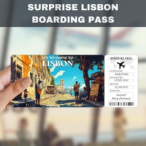 Billet cadeau surprise pour un voyage à Lisbonne, Portugal | Vous allez à Lisbonne, vol, carte d'embarquement, modifiable, téléchargement immédiat, impression de voyage