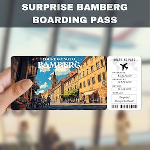Billete de regalo sorpresa para viaje a Bamberg, Alemania / Vas a Bamberg, Alemania, Vuelo, Tarjeta de embarque, Editable, Descarga instantánea, Impresión de viaje