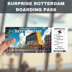 Billete de regalo sorpresa para el viaje a Róterdam, Países Bajos / Vas a Róterdam, Vuelo, Tarjeta de embarque, Editable, Descarga instantánea, Impresión de viaje