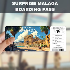 Kaartje met verrassingscadeau reis naar Malaga Spanje | Je gaat naar Malaga, Spanje, vlucht, instapkaart, bewerkbaar, direct downloaden, reisprint