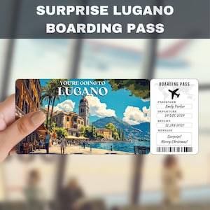 Lugano Switzerland Trip Surprise Gift Ticket | You're Going to Lugano, Flight, Boarding Pass, Editable, Instant Download, Travel Print