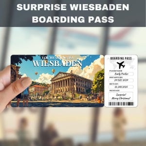Billete de regalo sorpresa para el viaje a Wiesbaden, Alemania / Te vas a Wiesbaden, vuelo, tarjeta de embarque, editable, descarga instantánea, impresión de viaje