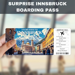 Billet cadeau surprise voyage à Innsbruck en Autriche | Vous allez à Innsbruck, vol, carte d&#39;embarquement, modifiable, téléchargement immédiat, impression de voyage