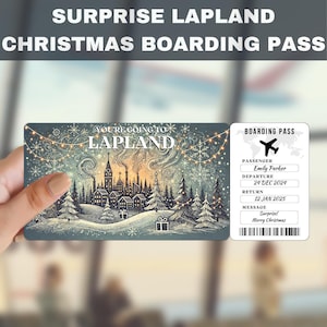 Billete de regalo sorpresa para el viaje a Laponia, Finlandia / Te vas a Laponia, vuelo, tarjeta de embarque, editable, descarga instantánea, impresión de viaje