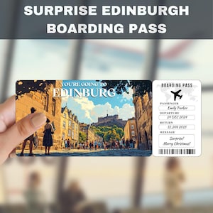 Billet cadeau surprise pour un voyage au Royaume-Uni à Édimbourg | Vous allez à Édimbourg, Royaume-Uni, vol, carte d'embarquement, modifiable, téléchargement immédiat, impression de voyage