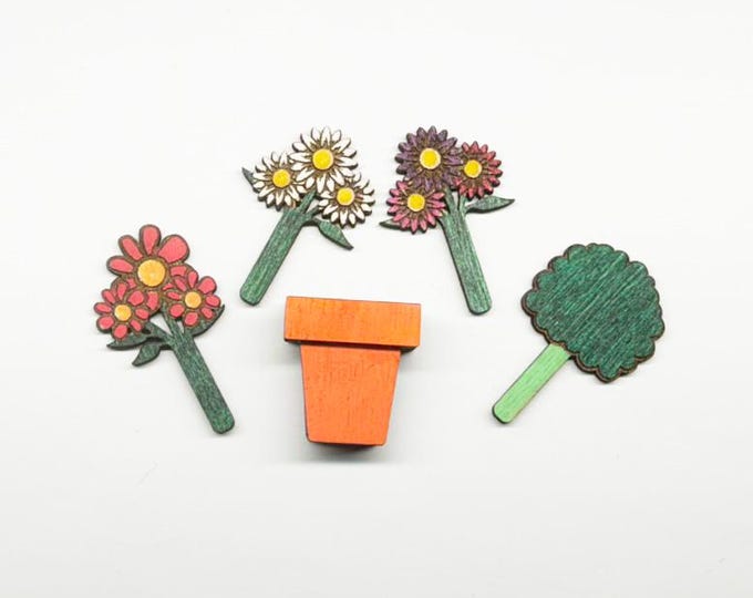 Handcrafted Miniature Wooden Potted Plant for 2" Tall, Mouse Doors.  Laser Etched, Hand Painted
