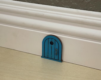 Handcrafted  2 Inch Tall Wooden Mouse Door: Light Blue Whimsical Decor (Fairy Door)