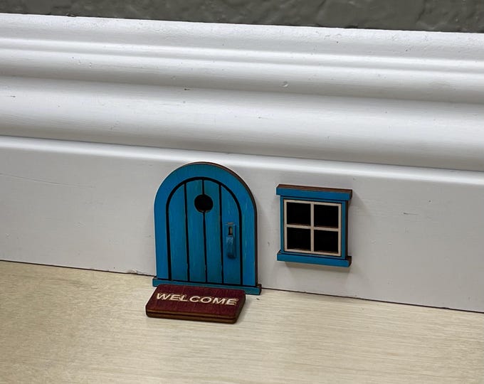 Handcrafted  2 Inch Tall Wooden Mouse Door: Light Blue Whimsical Decor (Fairy Door)