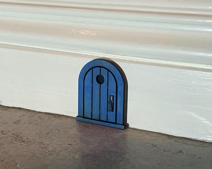 Handcrafted  2 Inch Tall Wooden Mouse Door: Summer Sky Blue Whimsical Decor (Fairy Door)