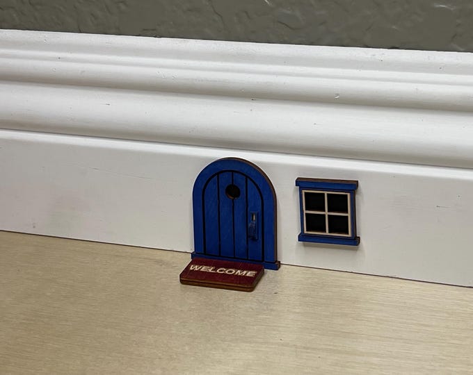 Handcrafted  2 Inch Tall Wooden Mouse Door: Summer Sky Blue Whimsical Decor (Fairy Door)