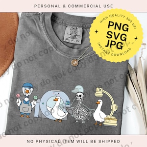 May include: A grey Comfort Colors t-shirt with a cartoon design of ducks in medical roles, including a radiologist and a technician. The shirt has the text "PNG SVG JPG Instant Download" on a yellow sticker. The shirt is for personal and commercial use.