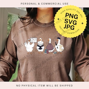 May include: Brown sweatshirt featuring a whimsical illustration of four cartoon geese, each with unique attire and accessories. One goose wears glasses and holds a diagram, another reads a book, and a third holds a pen and paper. The image includes the text "PERSONAL & COMMERCIAL USE".