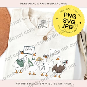 May include: Cream-colored t-shirt featuring a cartoon of four geese dressed as mathematicians. One goose holds a pointer and a tablet with an equation, while others hold a triangle, protractor, and graph. The shirt has the text "Comfort Colors" and "S-P-CH".