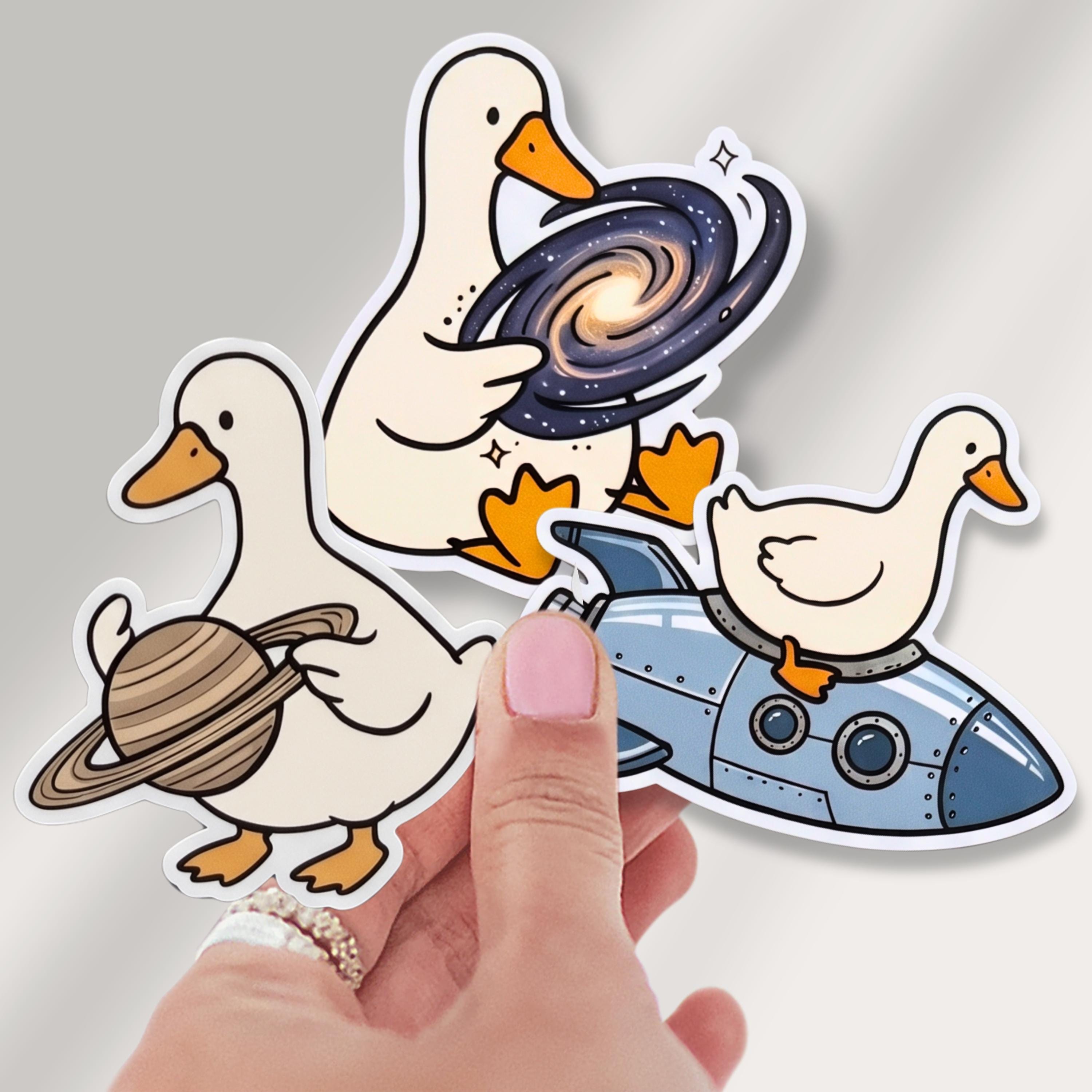 Funny Space Goose Sticker Fun Astronaut Duck Kiss Cut Decal Sci-fi Nerd Gift Silly Planets Stars Humor Cute 2 Inch Astronomy Laptop Vinyl