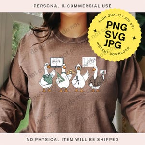 May include: A brown long-sleeve shirt featuring a graphic of four cartoon geese dressed as teachers. Each goose holds a different math tool or diagram. The image includes the text "PNG SVG JPG INSTANT DOWNLOAD".