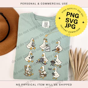 May include: A light green Comfort Colors sweatshirt featuring cartoon ducks engaged in various activities. The ducks are depicted with coffee, sneakers, a leaf blower, a phone, a grill, a drone, and more. The shirt also has the text "PNG SVG JPG Instant Download".