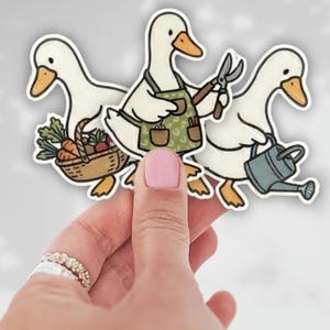 May include: A sticker featuring three cartoon geese. One goose carries a basket of vegetables, another holds gardening shears, and the third carries a watering can. The geese are white with orange beaks and feet, and one wears a green apron.