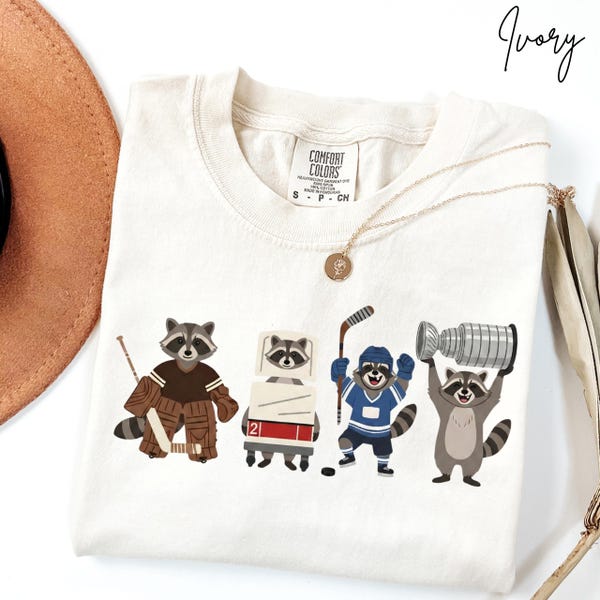 Funny Hockey Shirt Simple Sports Player Gift Unisex Raccoon Tee Game Day Crewneck Top Vintage Coach Present Retro Ice Hockey Humor Weirdcore