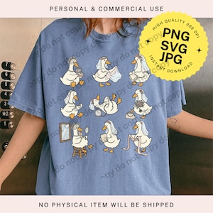 May include: Light blue t-shirt featuring a whimsical design of cartoon geese in wedding attire. The geese are depicted in various poses, including holding bouquets, veils, and mirrors. The image includes the text "PNG SVG JPG INSTANT DOWNLOAD".