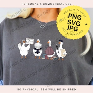 May include: A dark gray sweatshirt featuring a whimsical illustration of four geese. Each goose is depicted with unique accessories: glasses, a book, a sweater, and a beret, suggesting different professions. The image includes text indicating it's for personal and commercial use.