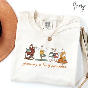 May include: Ivory-colored t-shirt with a graphic of geese in various poses, including reading, yoga, and holding a camera. The text "growing a tiny pumpkin" is printed in orange. A gold necklace is draped across the shirt.