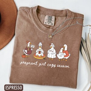 May include: Espresso-colored t-shirt with a graphic of four geese in cozy attire. The geese are depicted with accessories like scarves and sweaters, and the text "pregnant girl cozy season" is printed below the geese.