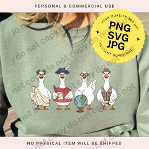 May include: Sage green sweatshirt featuring a whimsical illustration of four geese dressed in various outfits. One goose wears a toga, another a pirate hat, a third wears glasses and points, and the last wears a safari hat. The image includes text that says "PNG SVG JPG INSTANT DOWNLOAD".