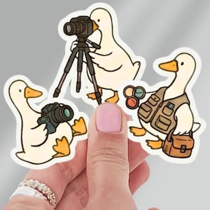 May include: A collection of three stickers featuring cartoon ducks in various photographer roles. One duck holds a camera, another uses a camera on a tripod, and the third wears a vest and carries a bag. The ducks are white with yellow beaks and feet.
