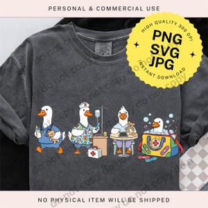 May include: Dark gray long-sleeve shirt featuring a cartoon design of geese dressed as medical professionals. The geese are depicted with medical tools and accessories. The shirt also includes the text "PNG SVG JPG Instant Download".