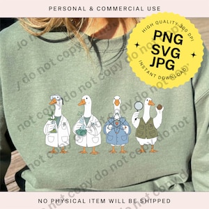 May include: Sage green sweatshirt featuring a graphic of four cartoon geese dressed as scientists. Each goose is wearing a lab coat or vest and holding scientific tools. The image includes the text "PNG SVG JPG INSTANT DOWNLOAD".