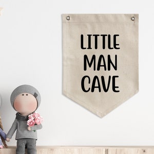 Little Man Cave Pennant Flag Wall Art Banner Canvas Sign,Fabric Wall Hanging,Boy Room Decor,Playroom Decor,Nursery Wall Art,Kids Room Decor