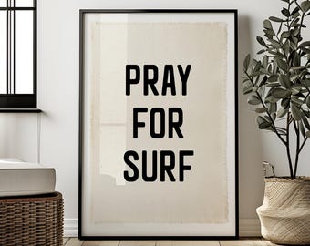 Banner em tela "Reze pelo Surf", 3 cores de fonte diferentes, Decoração de quarto com tema de praia, Arte de parede com tema de praia