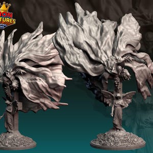 Könnte beinhalten: Detaillierte, graue 3D-gedruckte Miniatur einer skelettartigen Figur mit fließendem Stoff und einer Engelsstatuenbasis. Die Figur ist auf einer kreuzförmigen Struktur montiert. Das Legion Miniatures-Logo befindet sich oben links.
