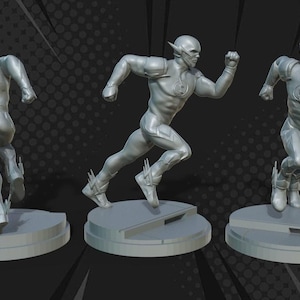 May include: Three gray statues of a superhero in a running pose. Each statue is on a circular base. The superhero is wearing a suit with a lightning bolt symbol. The statues are in different running positions.