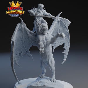 May include: A detailed, light gray miniature figurine depicting a winged creature with a tiger-like body, a warrior figure, and a sword. The figurine is mounted on a small, round base. The logo "LEGION MINIATURES 3D PRINTING DESIGNS" is visible.