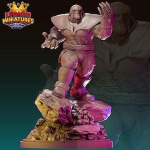 May include: A detailed 3D-printed figurine of Thanos, a fictional supervillain. The figure is in a dynamic pose, standing on a rock formation with skulls. The figure is predominantly gray and purple, with a golden gauntlet. The logo "LEGION MINIATURES 3D PRINTING DESIGNS" is visible.