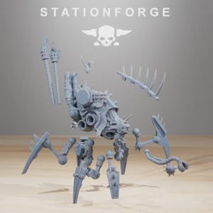 May include: A disassembled, light gray model kit with the text "STATIONFORGE" above. The kit includes various mechanical components, including a central body, legs, and additional parts like torches and spiked elements. A skull and crossbones logo is also visible.
