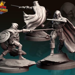 May include: Three grey 3D-printed figurines of a hooded warrior with swords and a shield. The figures are posed in action, with one figure holding a shield and sword, and the others wielding swords. The logo "LEGION MINIATURES 3D PRINTING DESIGNS" is in the upper left corner.
