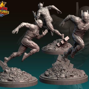 Puede incluir: Tres figuras grises impresas en 3D de un superhéroe en pose de carrera. Cada figura está sobre una base circular con un montón de escombros. El superhéroe lleva un traje completo con máscara y casco. El logotipo "LEGION MINIATURES 3D PRINTING DESIGNS" está en la esquina superior izquierda.
